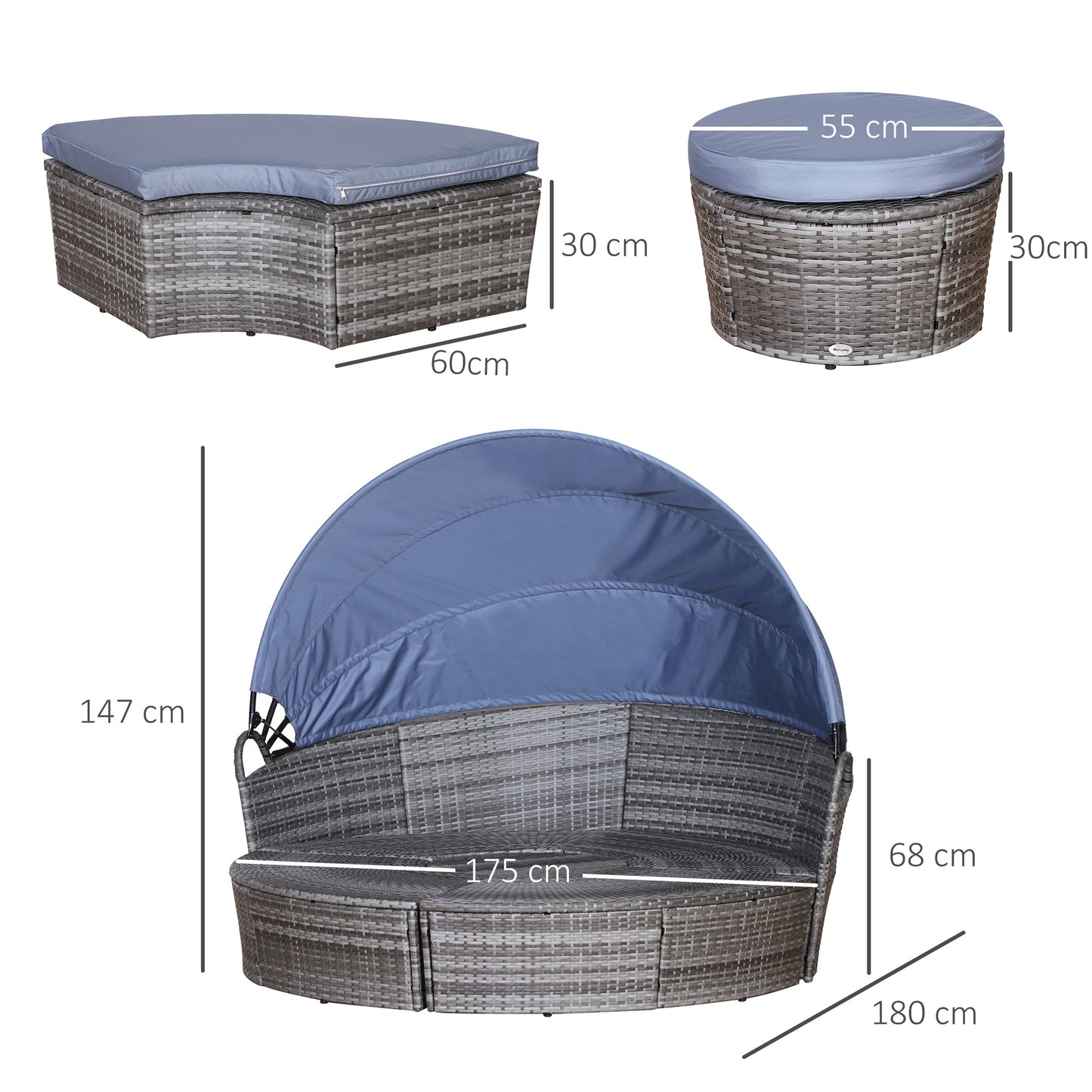 Outdoor PE Rattan Garden Furniture With Cushioned, Patio Wicker Conversation Furniture Set, Round Daybed With Retractable Canopy, Coffee Table And Three Pillows, Grey/Blue Grey
