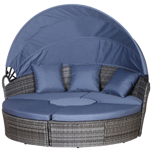 Outdoor PE Rattan Garden Furniture With Cushioned, Patio Wicker Conversation Furniture Set, Round Daybed With Retractable Canopy, Coffee Table And Three Pillows, Grey/Blue Grey