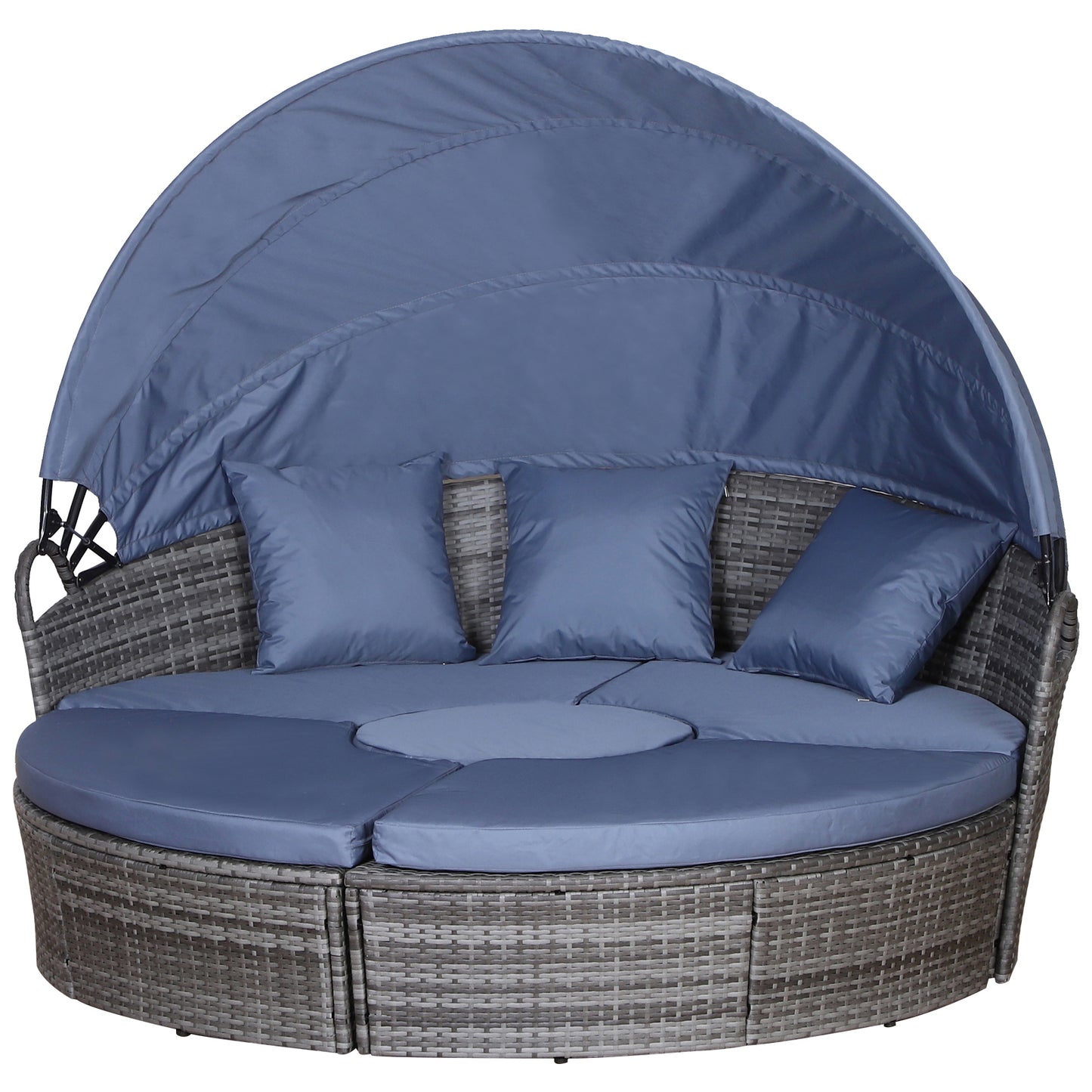 Outdoor PE Rattan Garden Furniture With Cushioned, Patio Wicker Conversation Furniture Set, Round Daybed With Retractable Canopy, Coffee Table And Three Pillows, Grey/Blue Grey